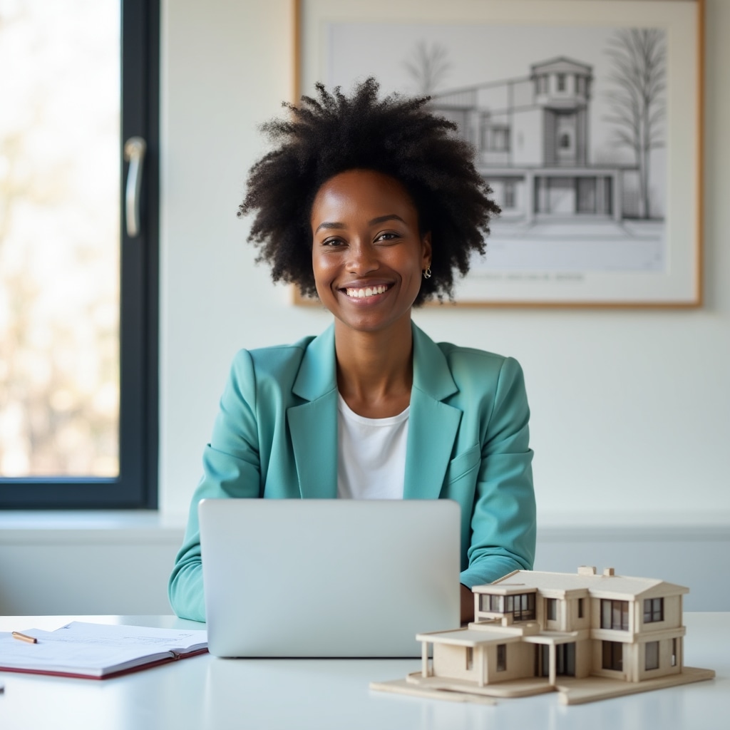 Consulente edifici, donna di circa 38 anni, professionale e sorridente in ambiente di lavoro luminoso