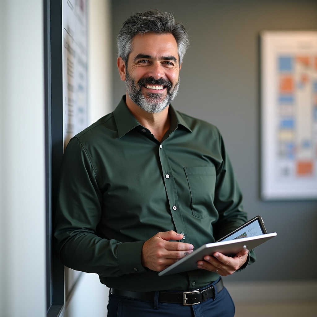 Ingegnere energetico senior, uomo di circa 40 anni, sorridente in ufficio con documentazione tecnica