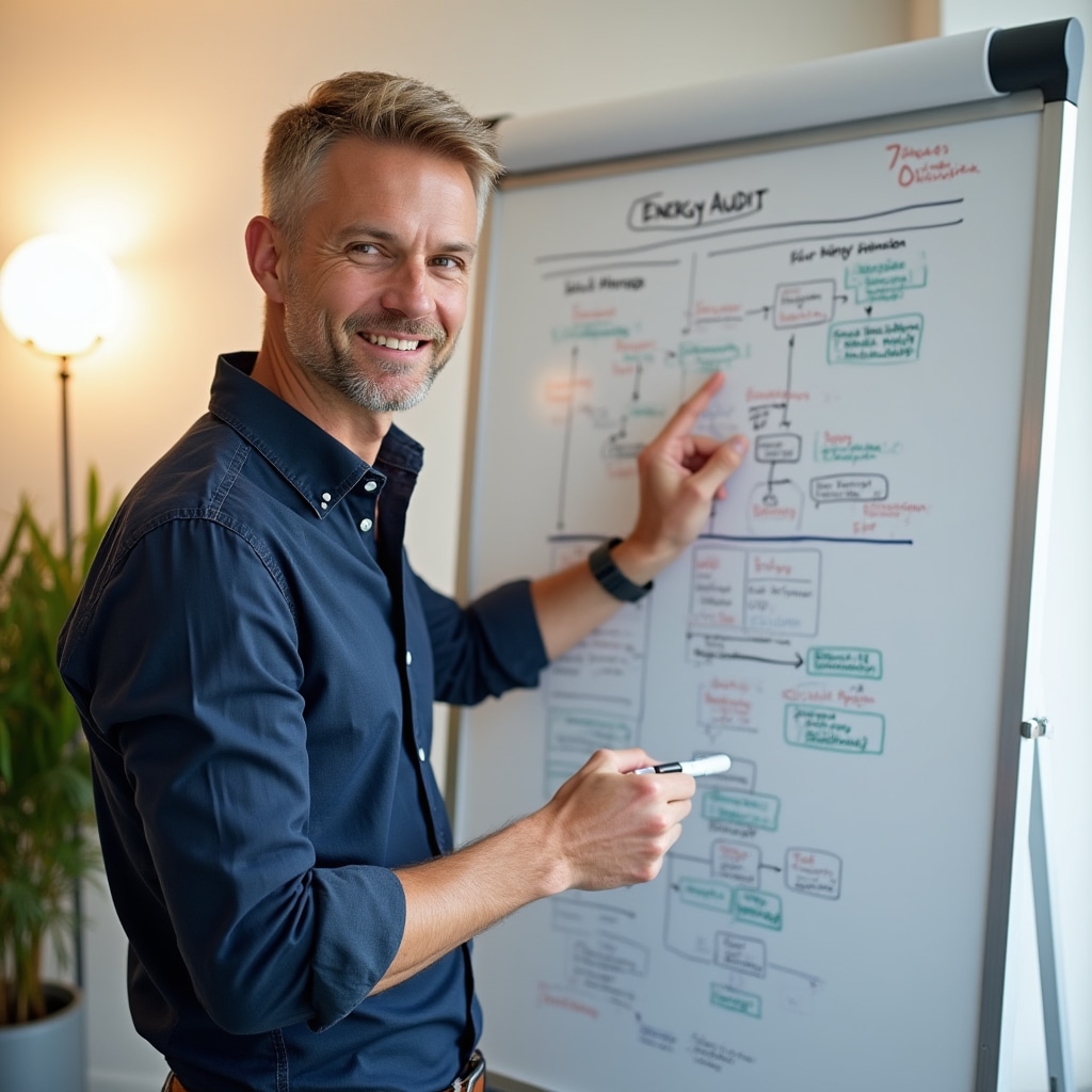 Coordinatore di progetto, uomo di circa 36 anni, in piedi accanto a lavagna con schema di progetto energetico