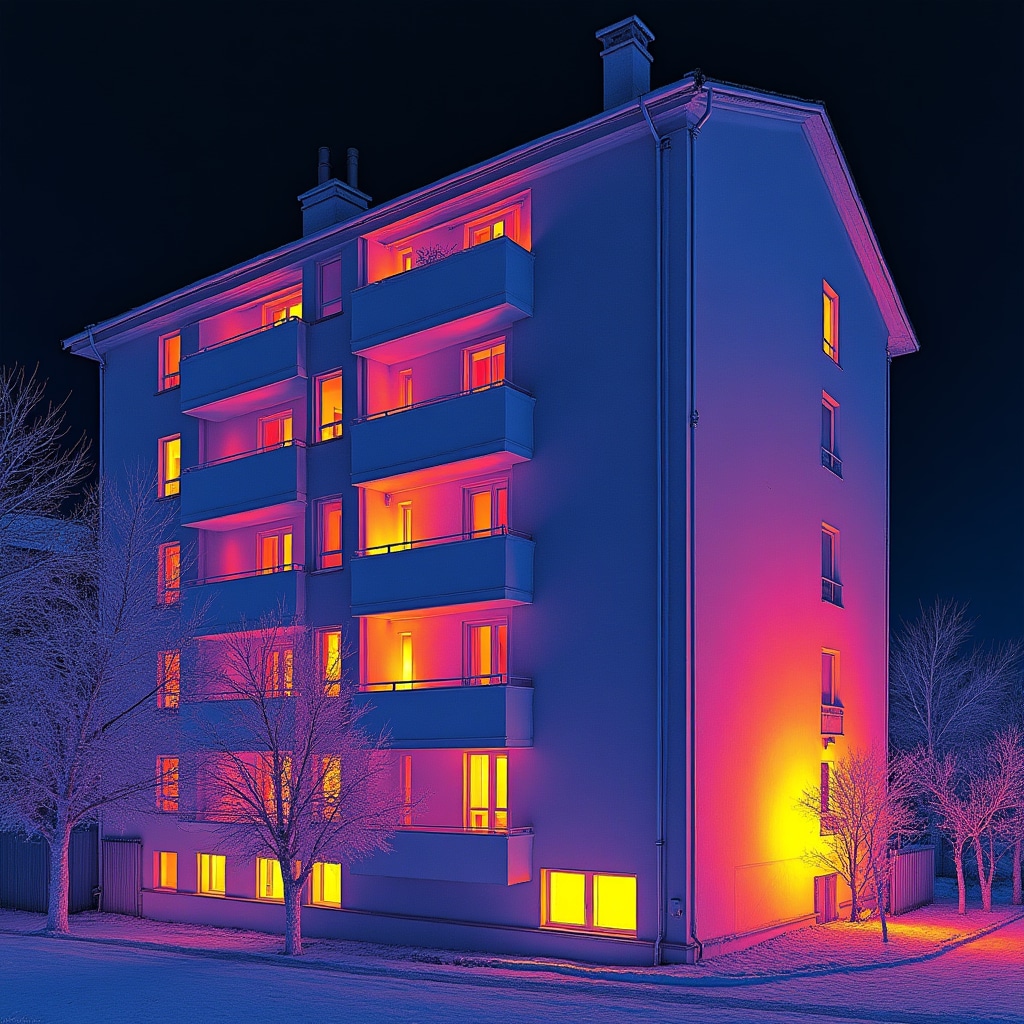 Immagine termica colorata di facciata condominiale che mostra zone di dispersione termica in rosso e arancione